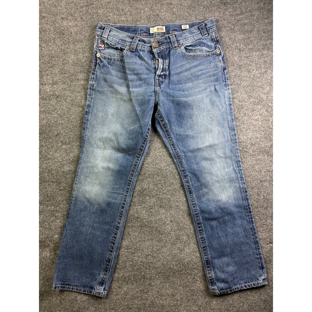 MEK Denim‎ Cody Straight Jeans Mens 38x34 Blue Embroidered Button Fly